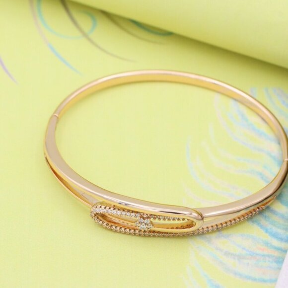 Rose Gold Bangle with Oval Loop and Center Flower Stone Accent, XPBL0546 - Picture 3 of 12